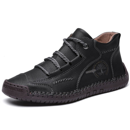 Men's Autumn Sewing High-top Leather Flat Outdoor Work Clothes Casual Shoes 9932 Black Bag - D&A