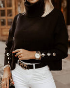 Women Solid Color Turtleneck Sweater Fashion Winter Tops Black - D&A