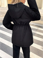 Drawstring Waist Hooded Plush Lined Parka Coat - D&A