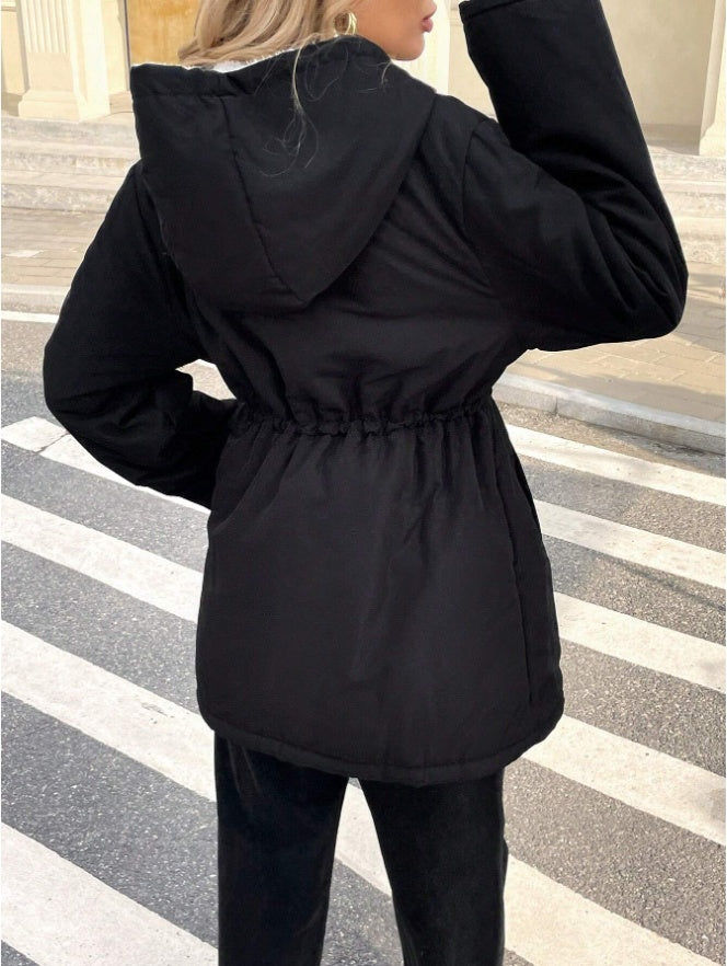Drawstring Waist Hooded Plush Lined Parka Coat - D&A