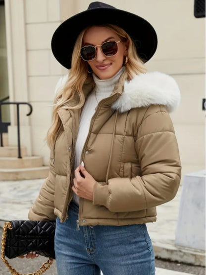 Women's Chic Mint Green Puffer Jacket With Faux Fur Trim Hood Khaki - D&A
