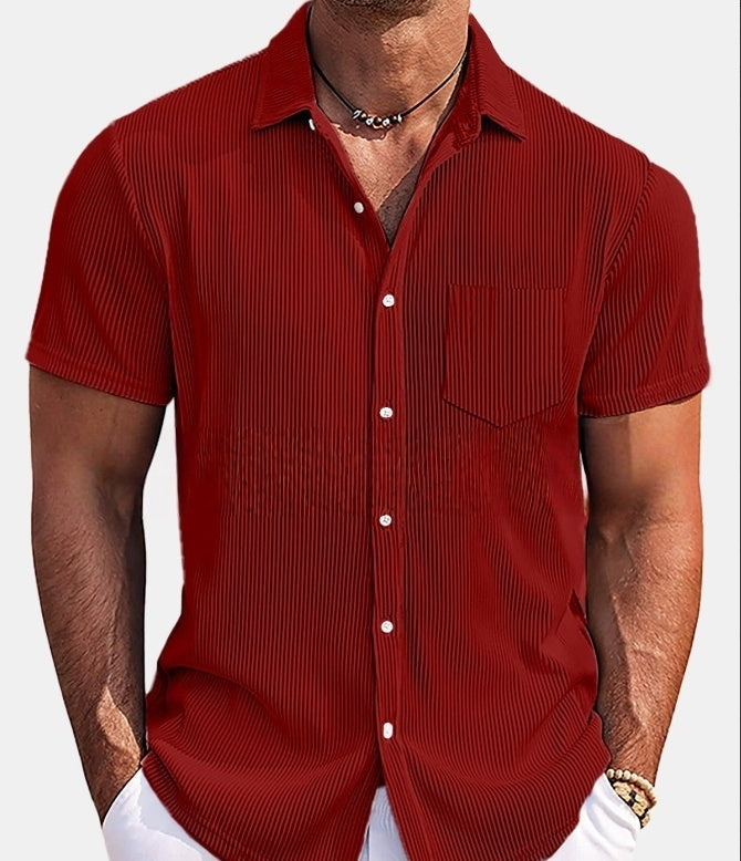 Solid Color Loose Vertical Striped Men's Short-sleeved Shirt Wine Red - D&A