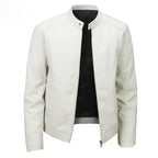 Spring And Autumn Men's Slim Leather Clothing With Stand Collar Jacket White - D&A