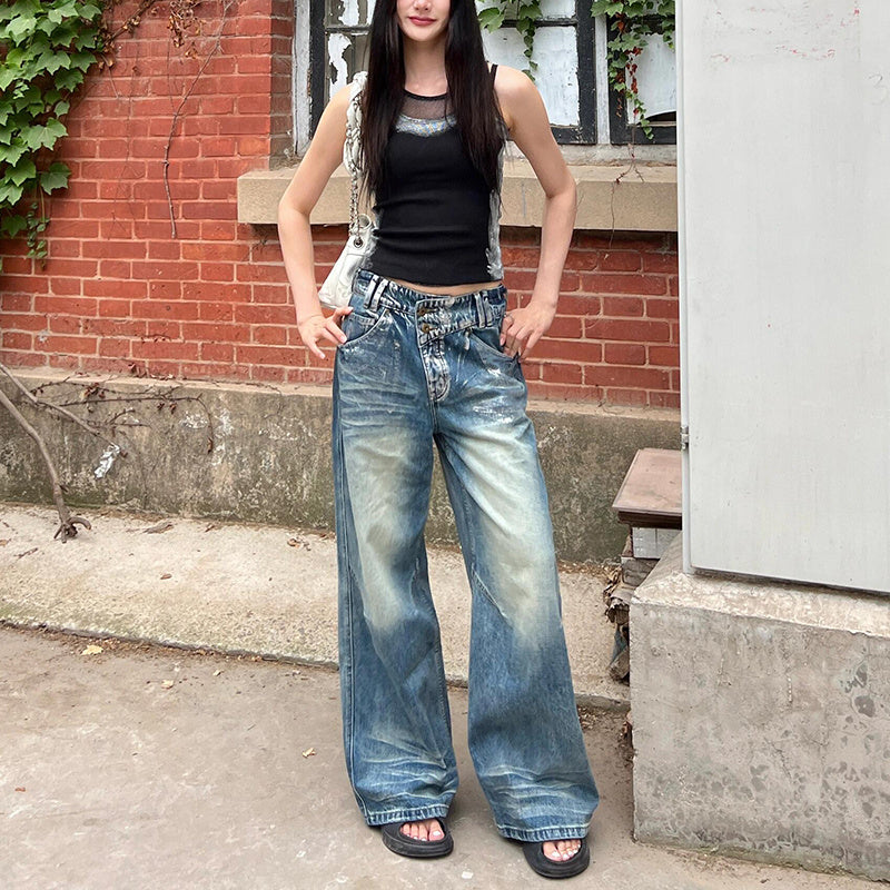 Irregular Waist Straight Design Sense Niche Retro Distressed Lengthened Mop Pants - D&A