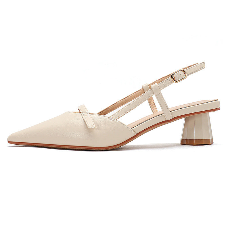 Women's Chunky Heel Low Heel Pointed Leather Stitching Fashion Sandals Beige - D&A