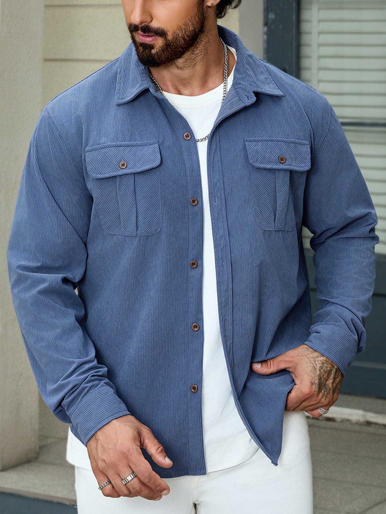 Corduroy Tooling Thick Long Sleeves Coat Shirt Outdoor Casual Retro Blue - D&A