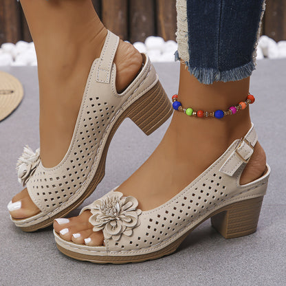Plus Size Flower Casual Buckle Solid Color High Heel Sandals Beige - D&A