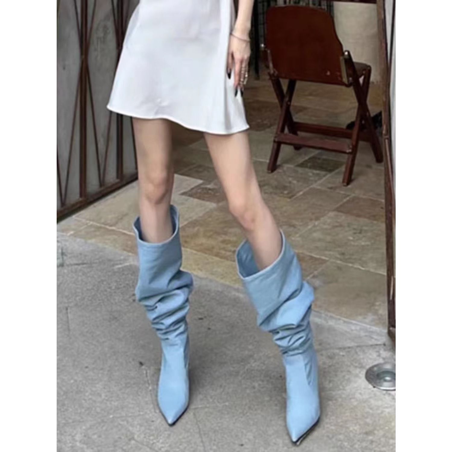 Pointed Toe Women's Stiletto Denim High Heel Below The Knee Boots - D&A