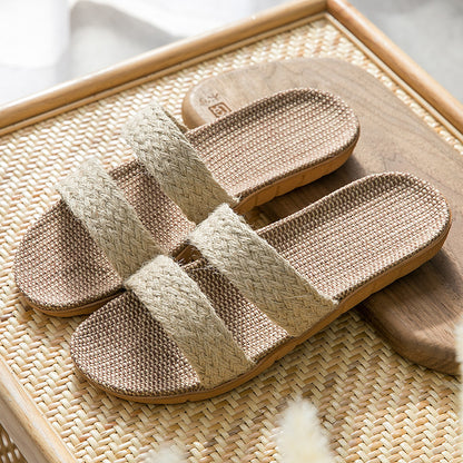 Women's Indoor Floor Platform Non-slip Flip-flops Household Slippers Beige Horizontal Bar - D&A