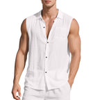 Sleeveless Linen Polo Collar Solid Color Cardigan Beach Shirt Vest - D&A
