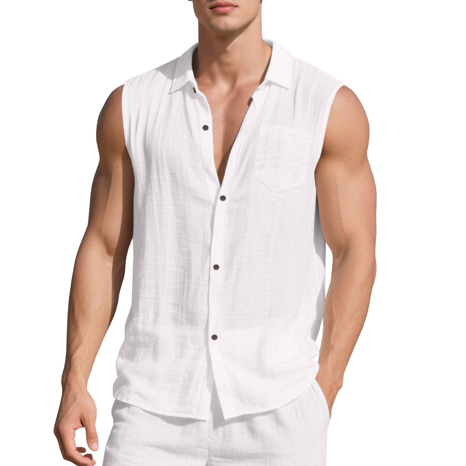 Sleeveless Linen Polo Collar Solid Color Cardigan Beach Shirt Vest - D&A