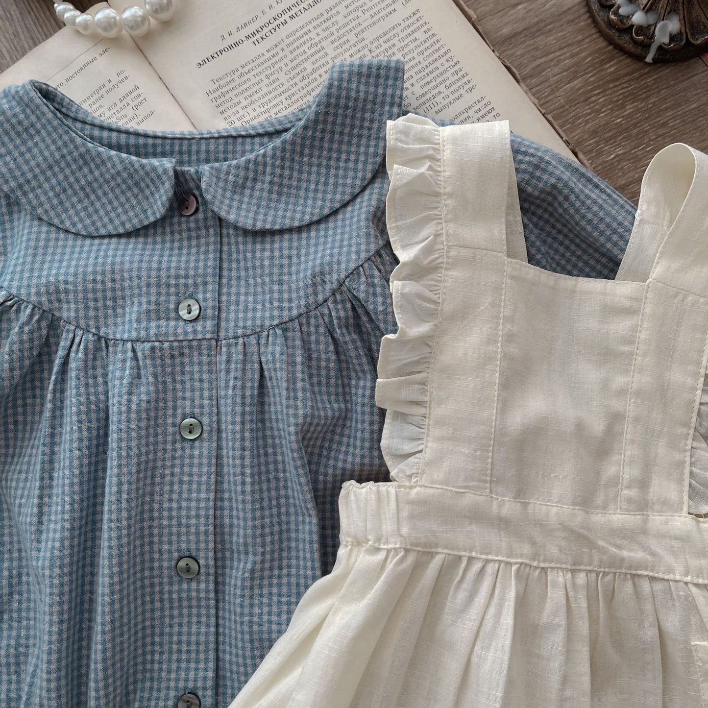 Infant Single-breasted Long Sleeve Small Plaid Romper Sling Small Overskirt - D&A
