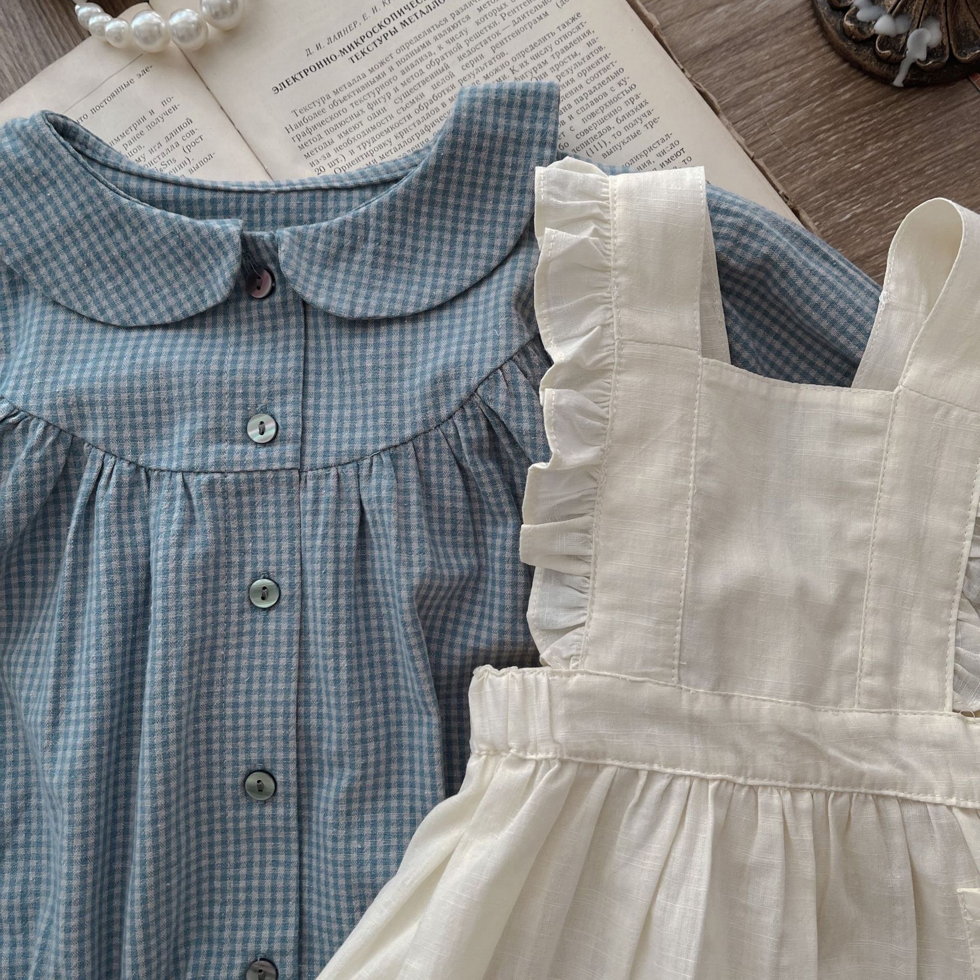 Infant Single-breasted Long Sleeve Small Plaid Romper Sling Small Overskirt - D&A