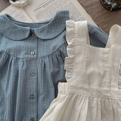 Infant Single-breasted Long Sleeve Small Plaid Romper Sling Small Overskirt - D&A