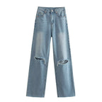 Spring And Summer Women's Perforated Hole Decoration High Waist Wide Leg Jeans Light Blue - D&A
