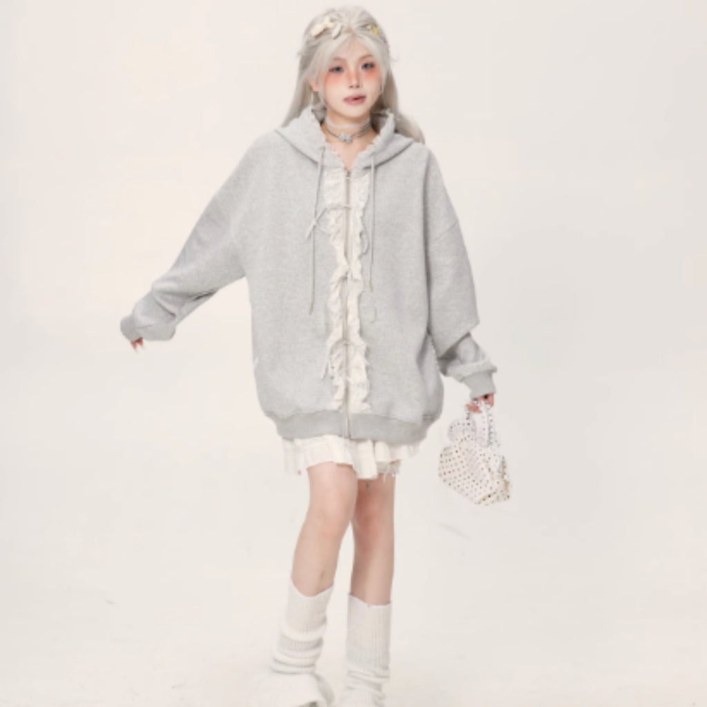 Lace Lace Zipper Gray Hoodie Jacket For Women - D&A