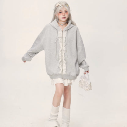 Lace Lace Zipper Gray Hoodie Jacket For Women - D&A