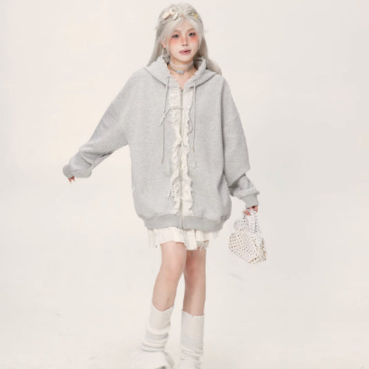 Lace Lace Zipper Gray Hoodie Jacket For Women - D&A