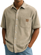 Versatile Leisure Corduroy Leather Sticker Pocket Short Sleeve Shirt Khaki - D&A