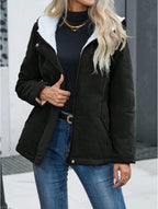 Women's Plain Zipper Front Hooded Fleece Casual Padded Padded Coat - D&A