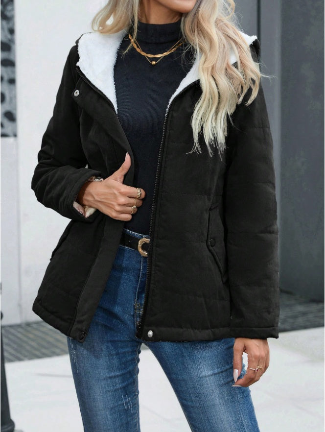 Women's Plain Zipper Front Hooded Fleece Casual Padded Padded Coat - D&A