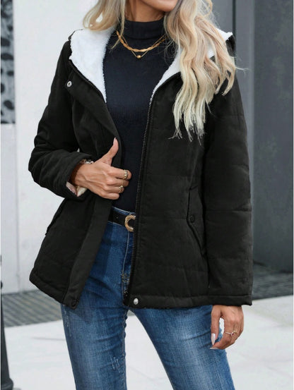 Women's Plain Zipper Front Hooded Fleece Casual Padded Padded Coat - D&A