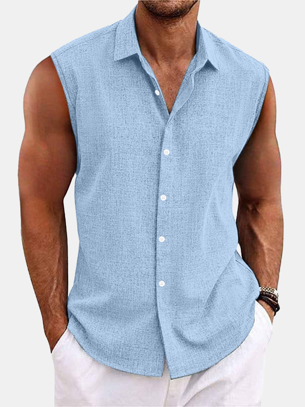 Lapel Beach Sleeveless Shirt Light Blue - D&A