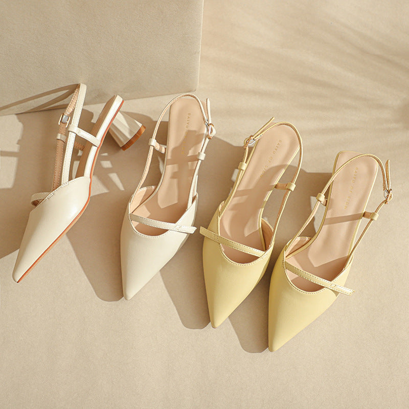Women's Chunky Heel Low Heel Pointed Leather Stitching Fashion Sandals - D&A