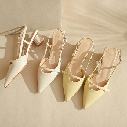 Women's Chunky Heel Low Heel Pointed Leather Stitching Fashion Sandals - D&A