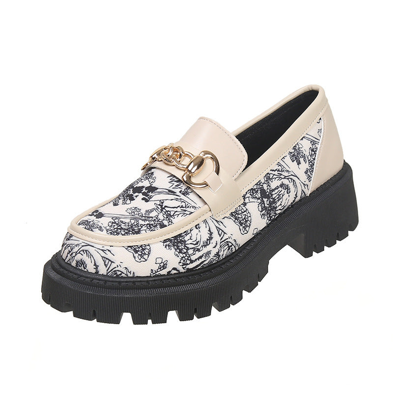 Plus Size National Style Muffin Platform Loafers Female Fashionable Golden Chain Beige - D&A