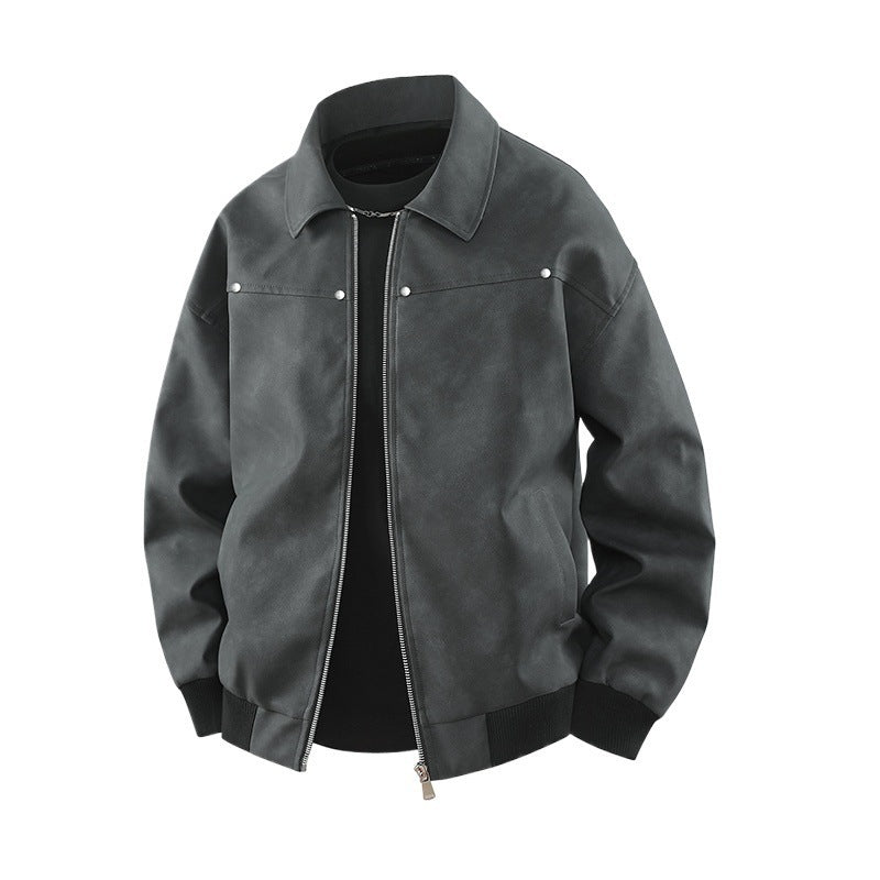 American Retro Brown Lapel Leather Coat - D&A