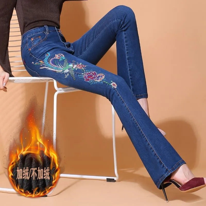 Women's Embroidered Skinny Jeans New High Waist Trousers DMY8939 Velvet - D&A