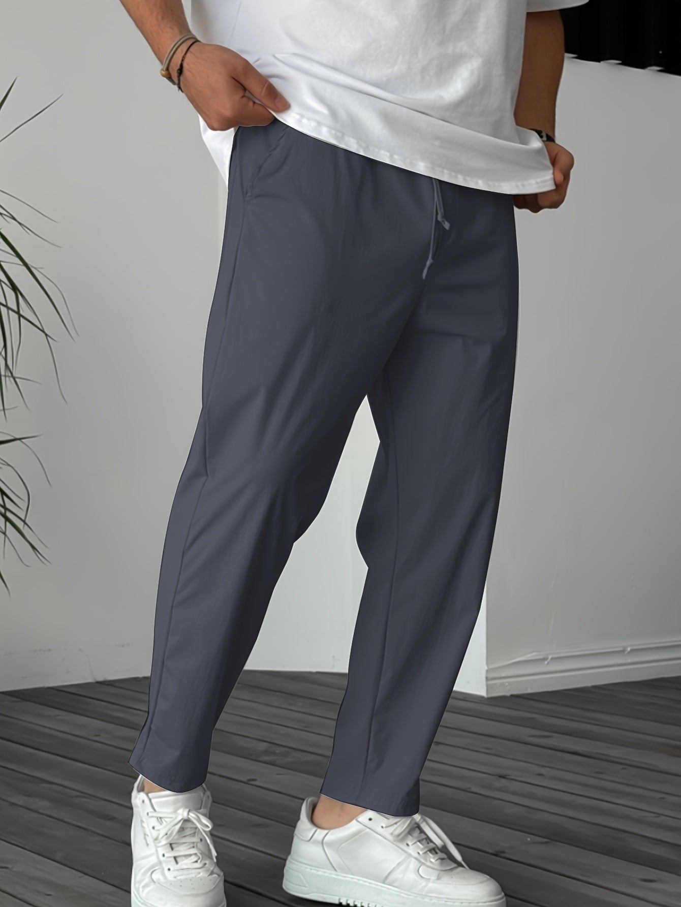 Men's Pure Color Ribbon Pocket Casual Drawstring Trousers - D&A