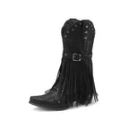 Autumn And Winter Tassel Women's Western Rivet Belt Buckle Tassel Middle Boots Black - D&A