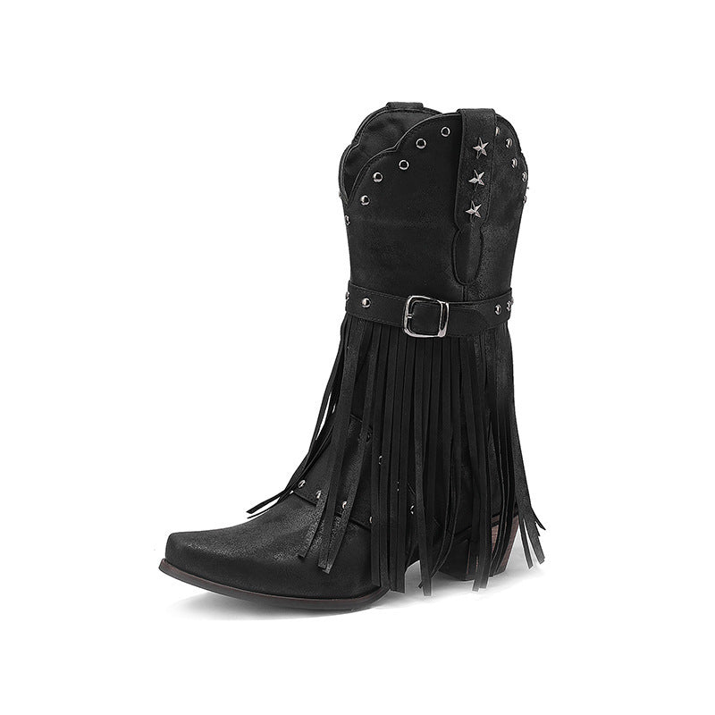 Autumn And Winter Tassel Women's Western Rivet Belt Buckle Tassel Middle Boots Black - D&A