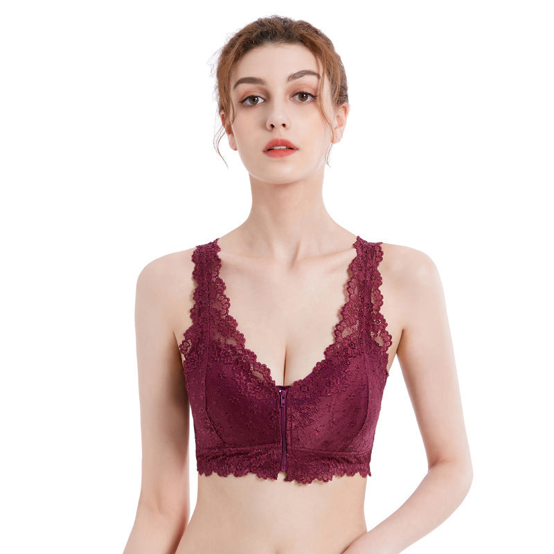 Cross-border Front Buckle Bra Front Zipper Sexy Lace Bra Vest Bra Upper Support Thin Underwear Purple - D&A