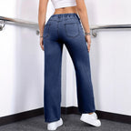 Oversized Jeans Drawstring Elastic Waistband Plain Washed Blue Casual - D&A