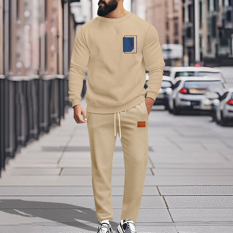 Men's Sport Suit Color Matching Sweater Two-piece Casual Fashion Khaki - D&A