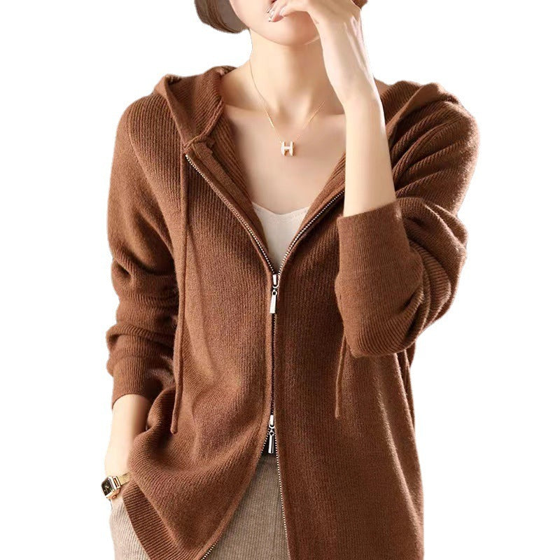 Double-headed Zipper Hooded Knit Women's Cardigan Coat - D&A