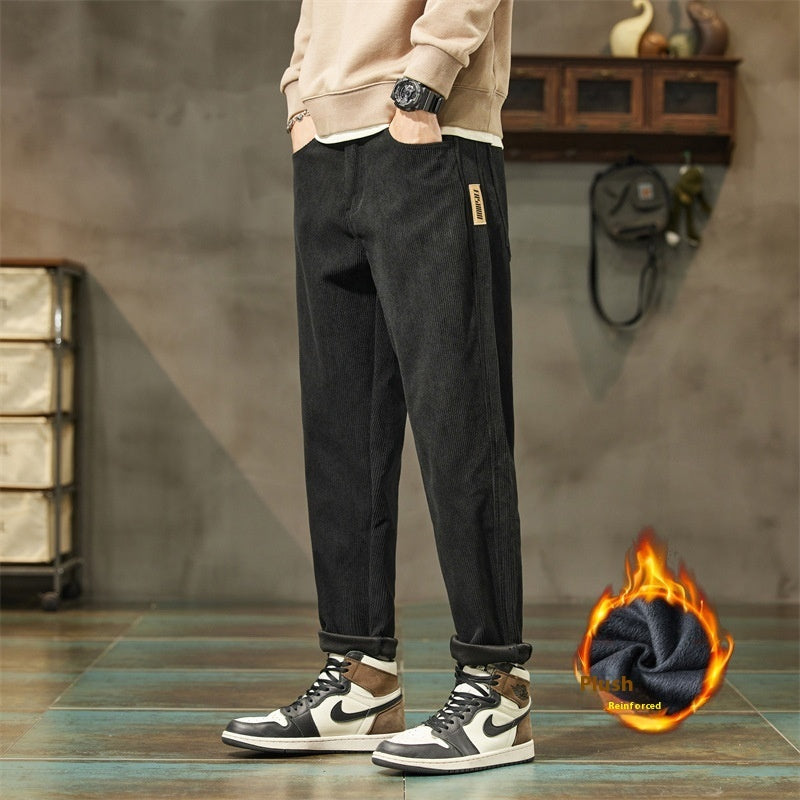 Corduroy Men's Casual Pants Trendy Brand Simple All-match Black Plus Velvet Style - D&A