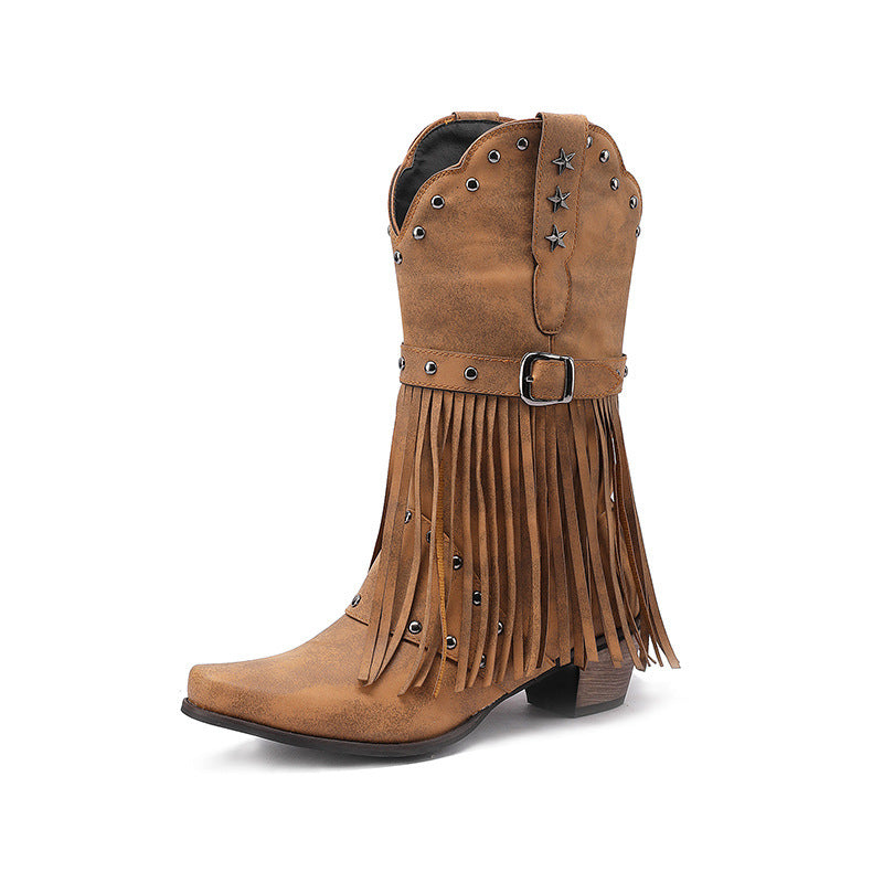 Autumn And Winter Tassel Women's Western Rivet Belt Buckle Tassel Middle Boots Brown - D&A