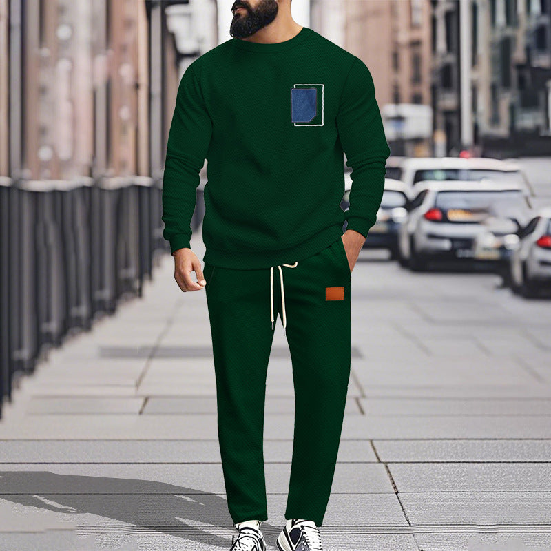Men's Sport Suit Color Matching Sweater Two-piece Casual Fashion Dark Green - D&A