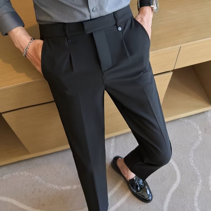 High Waist Straight Double Pleated Casual Suit Pants Black - D&A