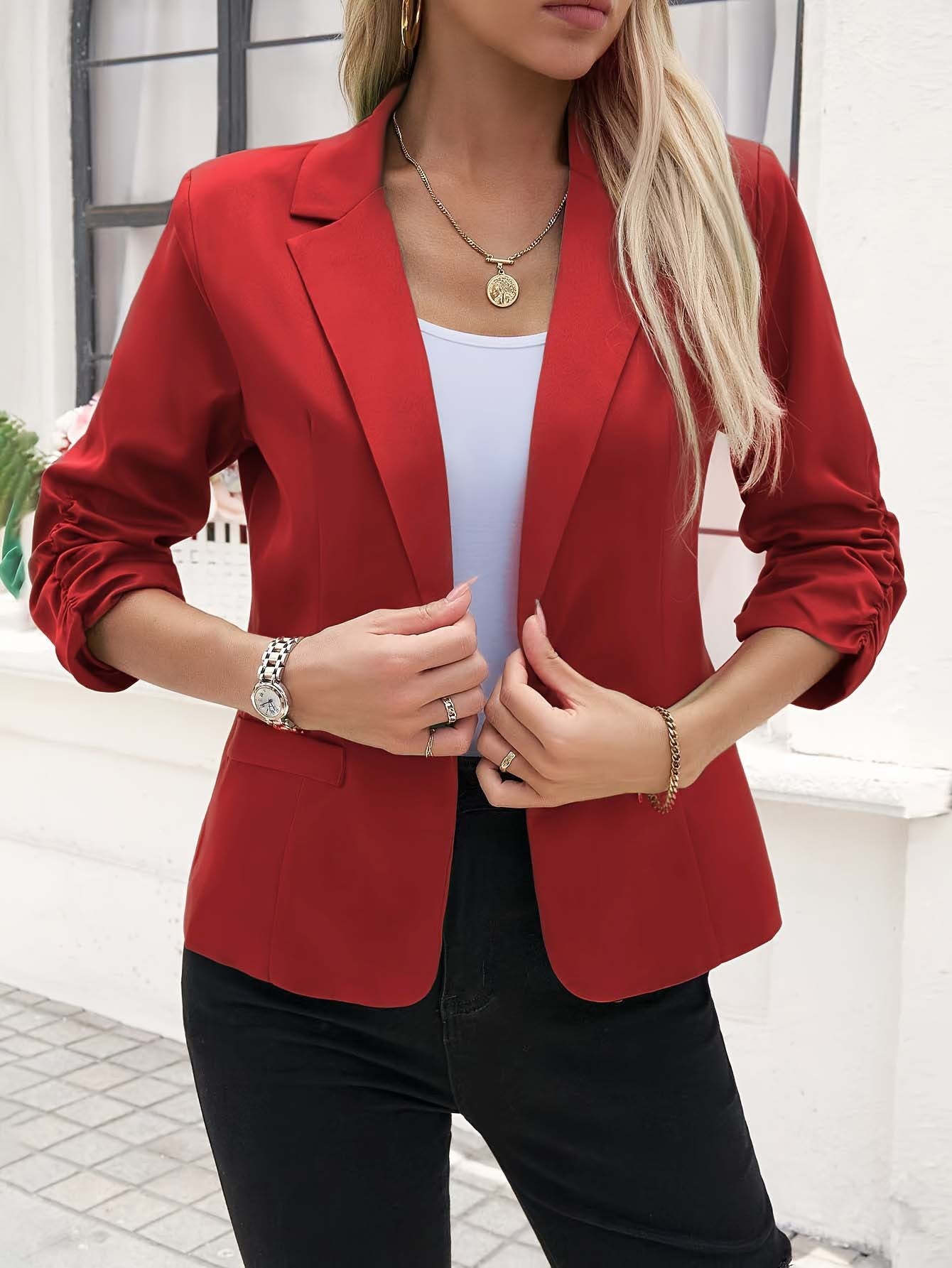 Women's Business Suit Jacket 34 Sleeve Business Casual Jacket Red - D&A