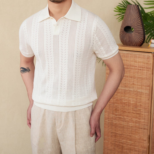 Cotton Hollow Lapel Short Sleeve POLO Knitted T-shirt - D&A