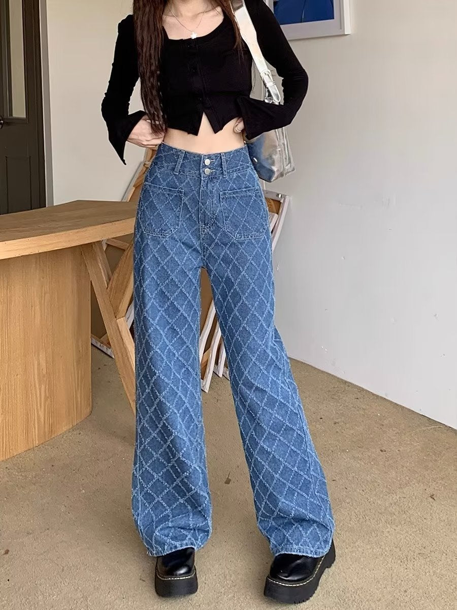 Summer Ladies New Loose Drooping Slimming Jacquard Design Straight-leg Denim Trousers Blue - D&A