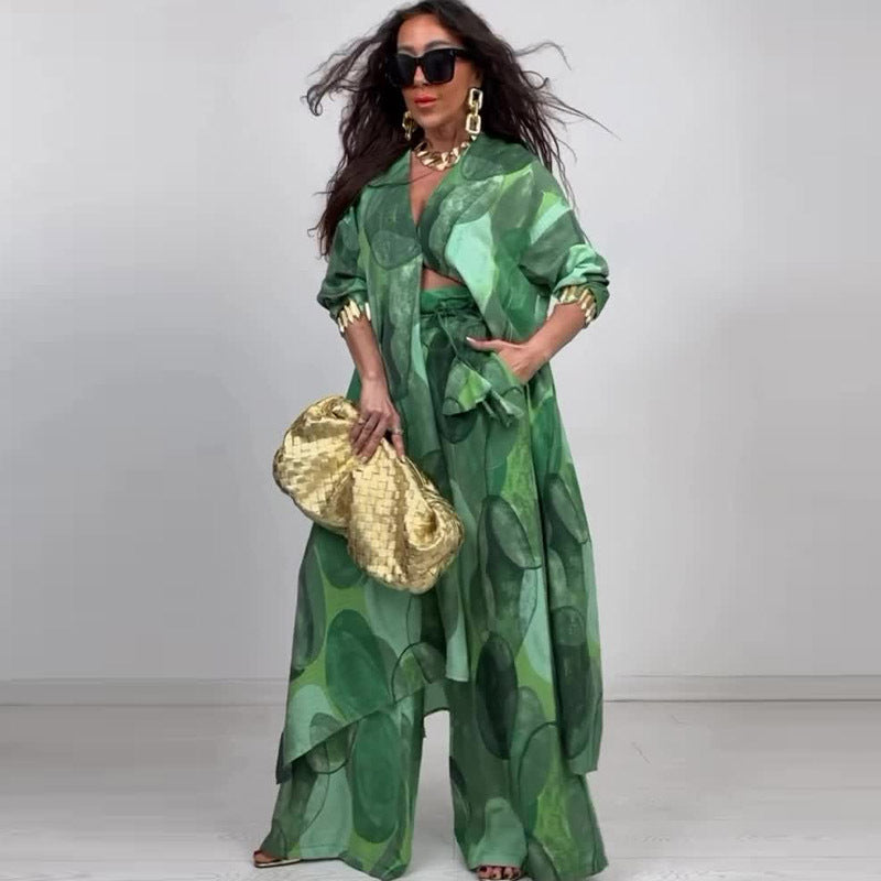 Elegant Sexy Fashion Print Top Wide Leg Pants Two-piece Set - D&A