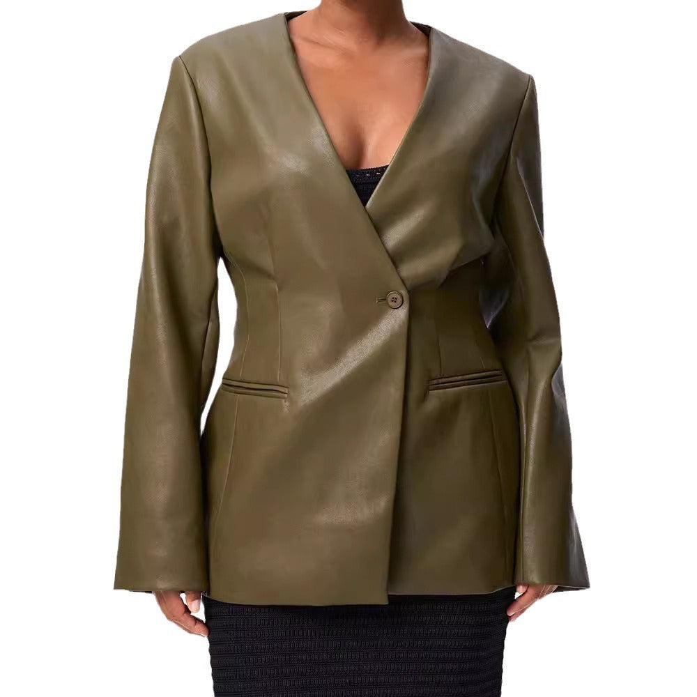 Fashionable Elegant Green V-neck Slim Suit Leather Coat - D&A