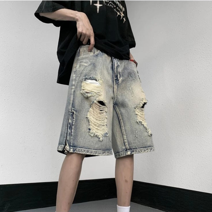 American High Street Retro Tattered Jeans Denim Shorts Wide Leg Blue - D&A