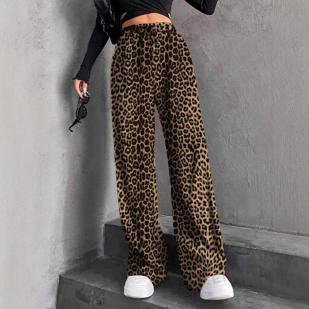 New Women's Elastic Waist Pinstripe Road Straight Wide Leg Dark Brown Leopard Print - D&A
